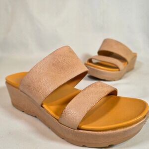 Kork-Ease Womens 7M Tan Leather Double Strap Platform Wedge Slide Sandals
